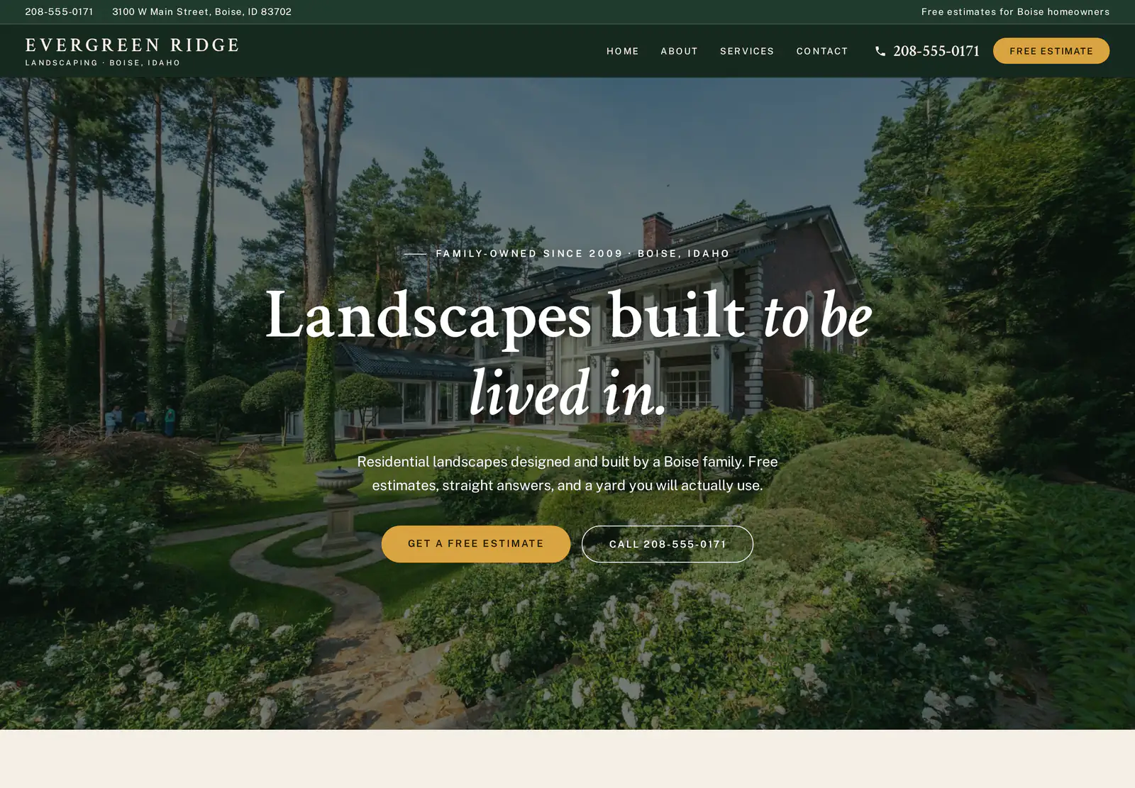 The home page of Evergreen Ridge Landscaping, a made-up business, as EZ Sites built it