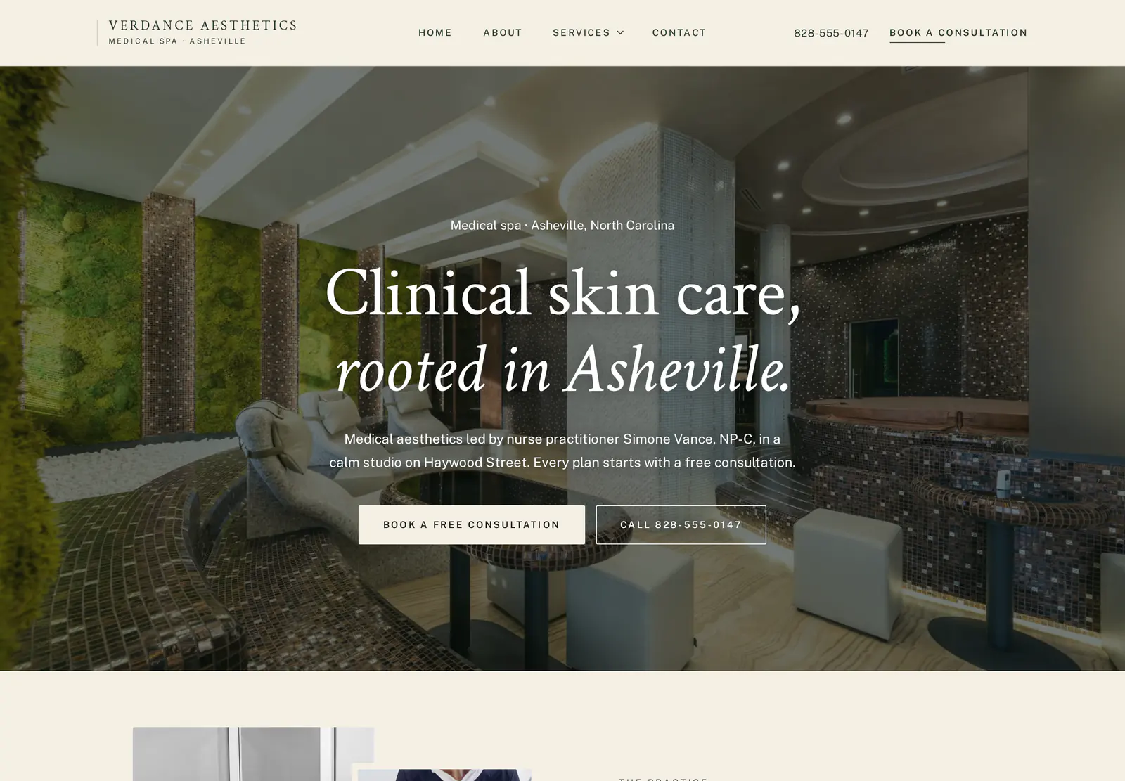 The home page of Verdance Aesthetics, a made-up business, as EZ Sites built it
